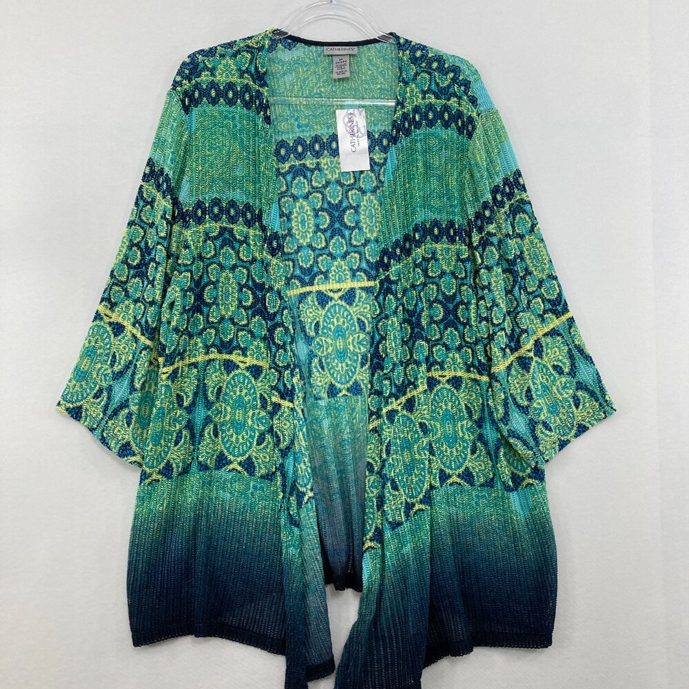New Catherines size 2X Blue Green Abstract Ombre Open Knit Jacket Vacation‎